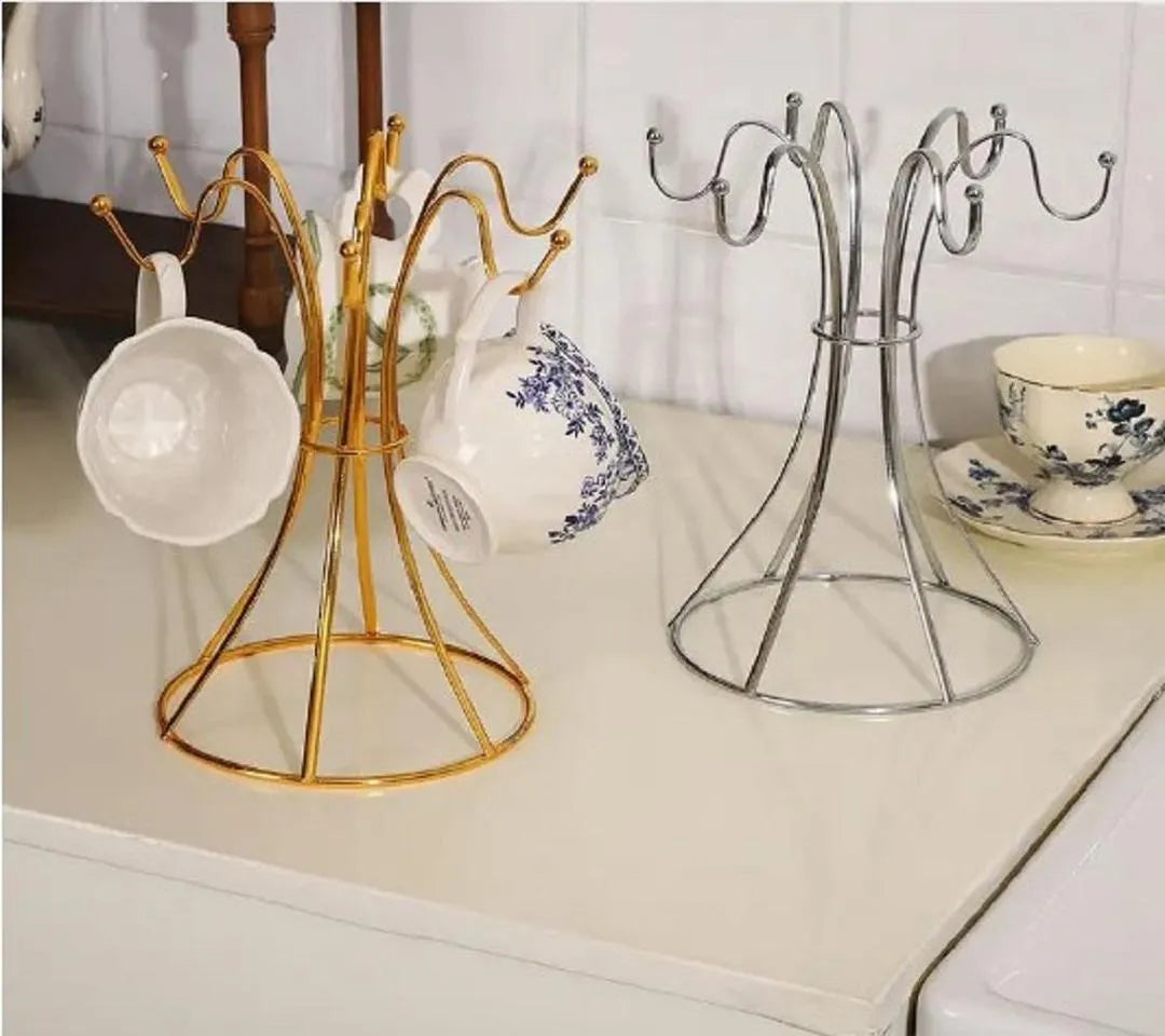 Golden Metal Mug Rack with 6 Hooks – Countertop Coffee Cup Holder Stand for Kitchen & Bar
