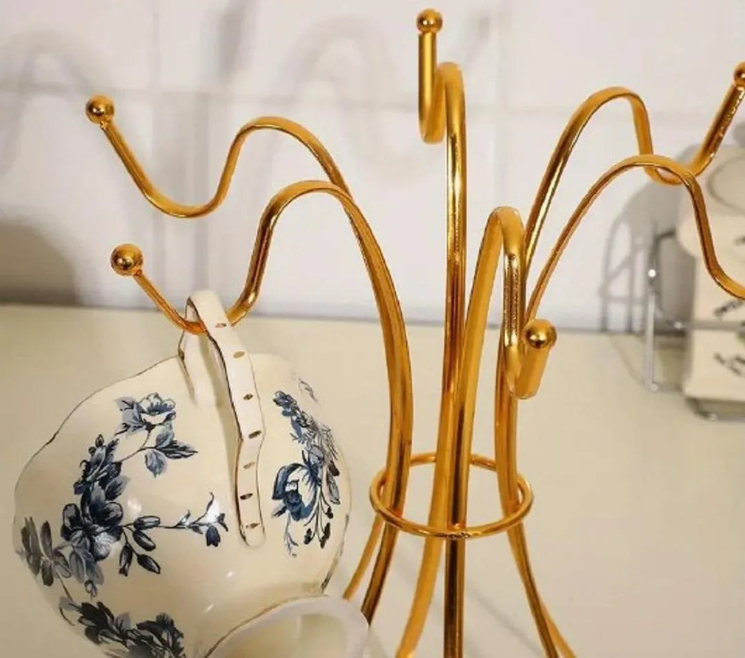 Golden Metal Mug Rack with 6 Hooks – Countertop Coffee Cup Holder Stand for Kitchen & Bar