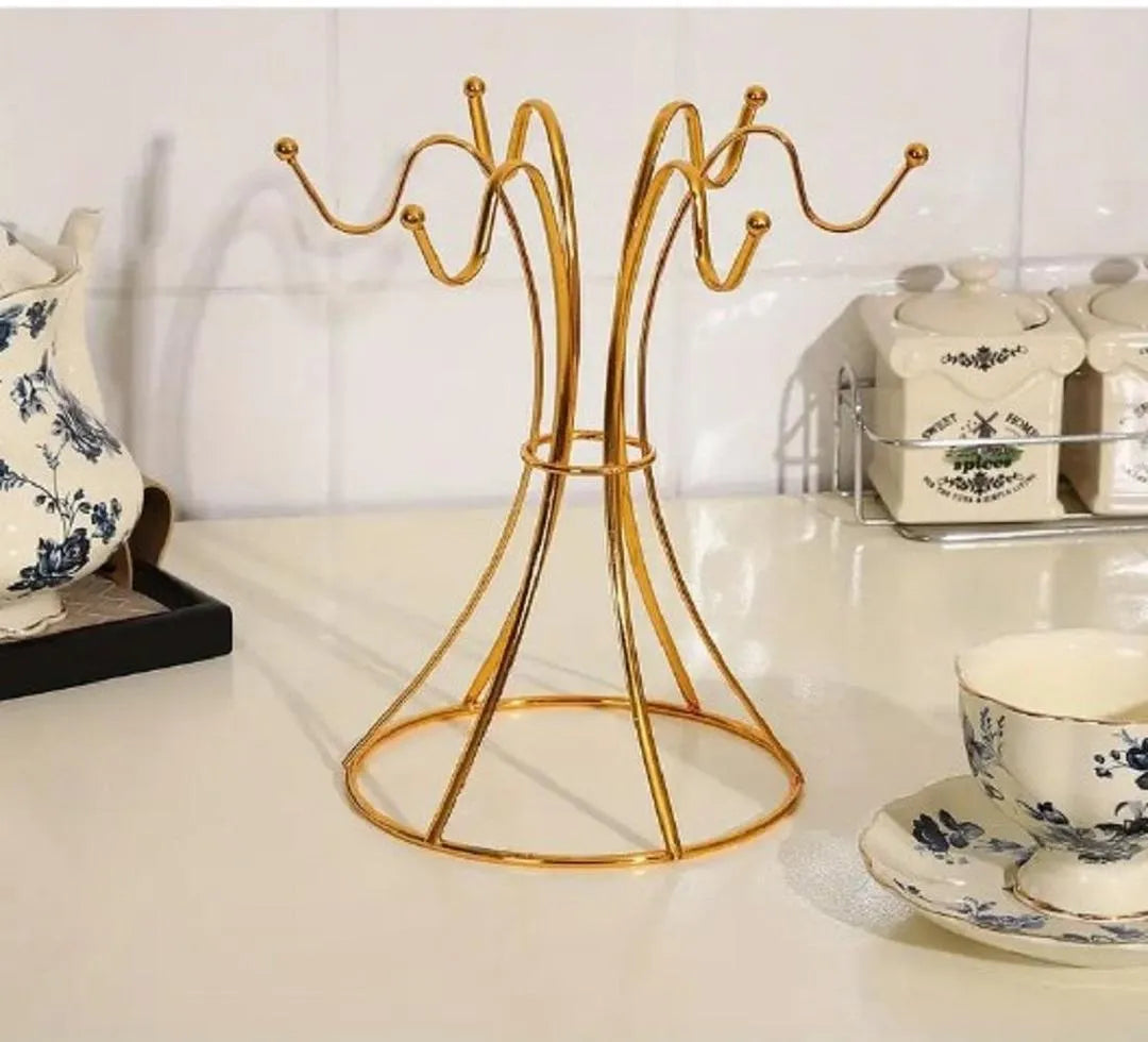 Golden Metal Mug Rack with 6 Hooks – Countertop Coffee Cup Holder Stand for Kitchen & Bar